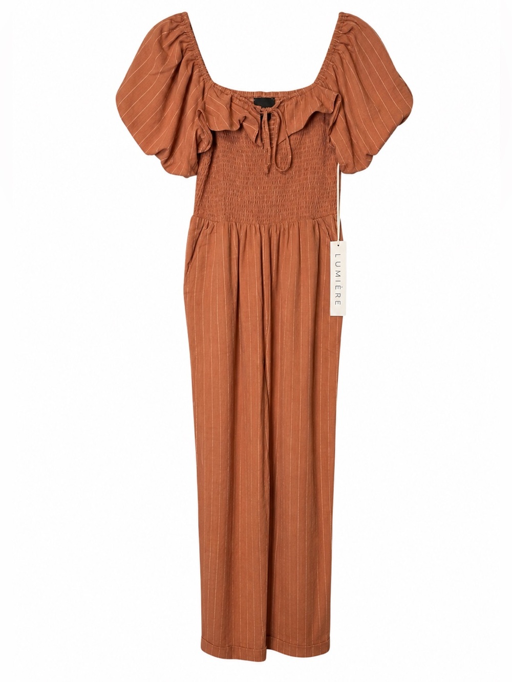 Lumiere Terracotta Striped‎ Jumpsuit Smocked Bodice Bubble Sleeve NWT M #NP41018